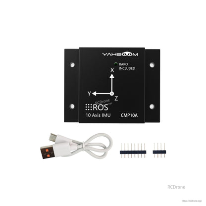 Yahboom CMP10A 10-Axis IMU Sensor kit contents: metal case, USB cable, and pin header strips