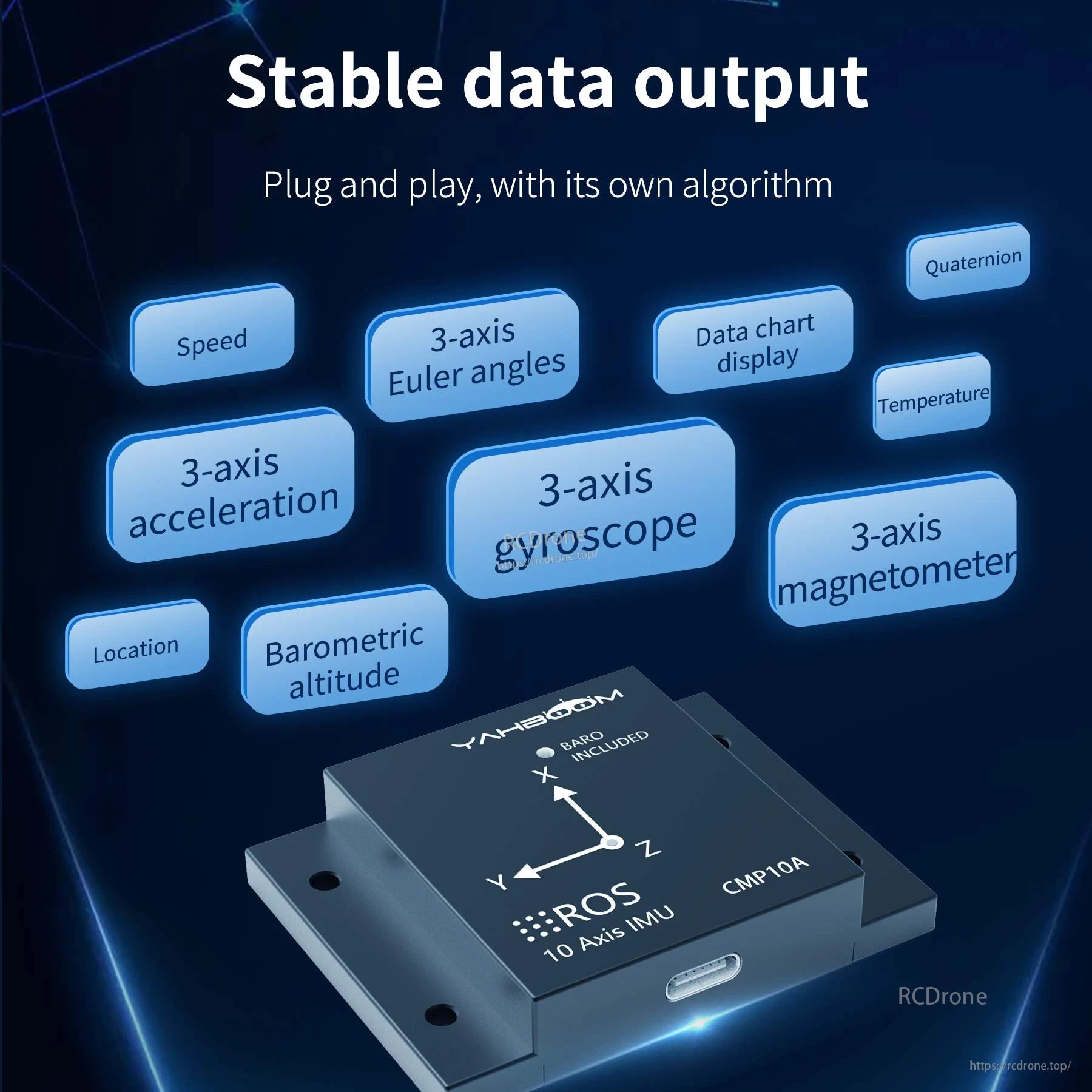 Stable data output feature graphic listing acceleration, gyroscope, magnetometer, temperature and quaternion