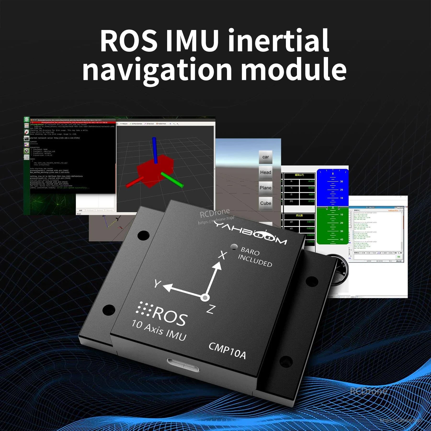 Yahboom CMP10A ROS IMU inertial navigation module shown with ROS visualization and software screens