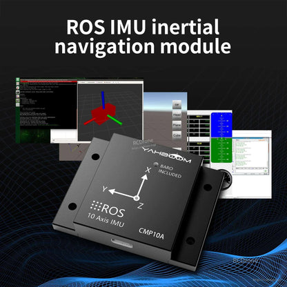 Yahboom CMP10A ROS IMU inertial navigation module shown with ROS visualization and software screens