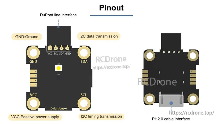Pinout diagram for the I2C color recognition module showing VCC, GND, SDA, SCL and PH2.0 connector