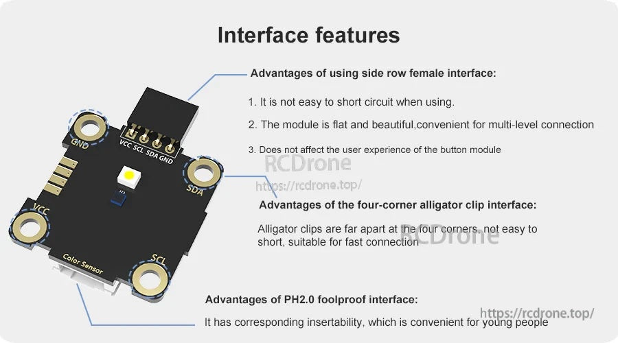 Interface feature overview highlighting side-row header, four-corner alligator pads, and keyed PH2.0 connector