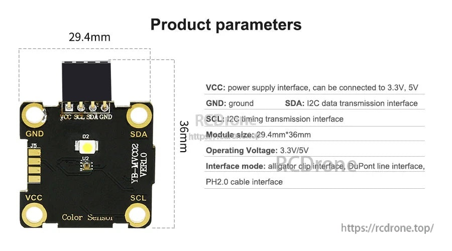 Product parameters image listing 29.4×36 mm size and 3.3V/5V support for the color sensor module