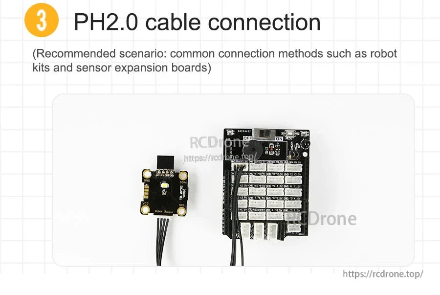 PH2.0 cable connection example from the color recognition module to an expansion board with keyed plug