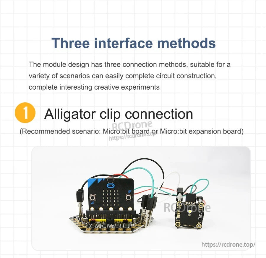 Alligator-clip wiring example between micro:bit board and the color sensor module for quick connections