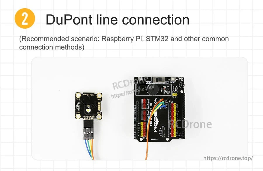 DuPont jumper wiring example linking the color sensor module to a controller/expansion board via I2C pins