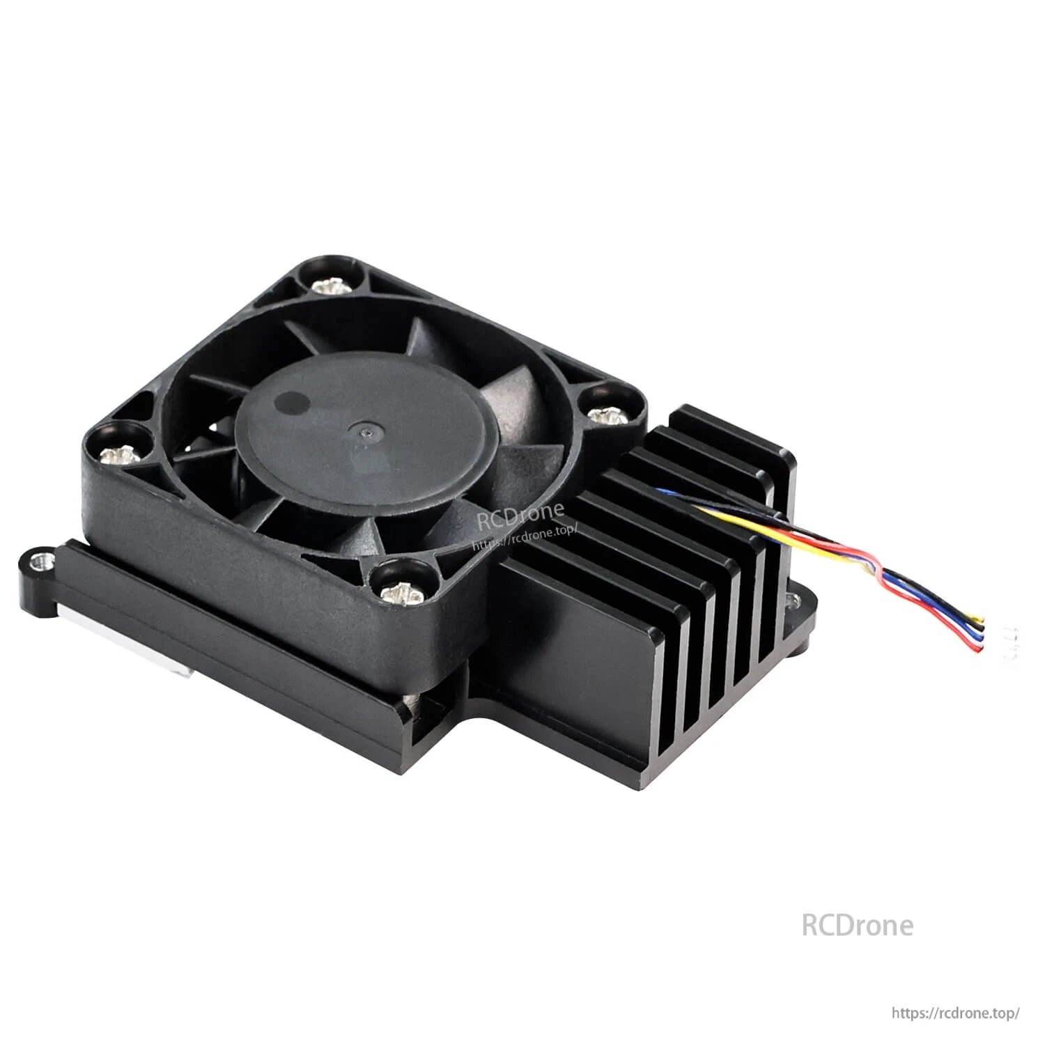Angled view of Pi50 cooler showing 40mm fan, finned heatsink block, and 4-wire lead