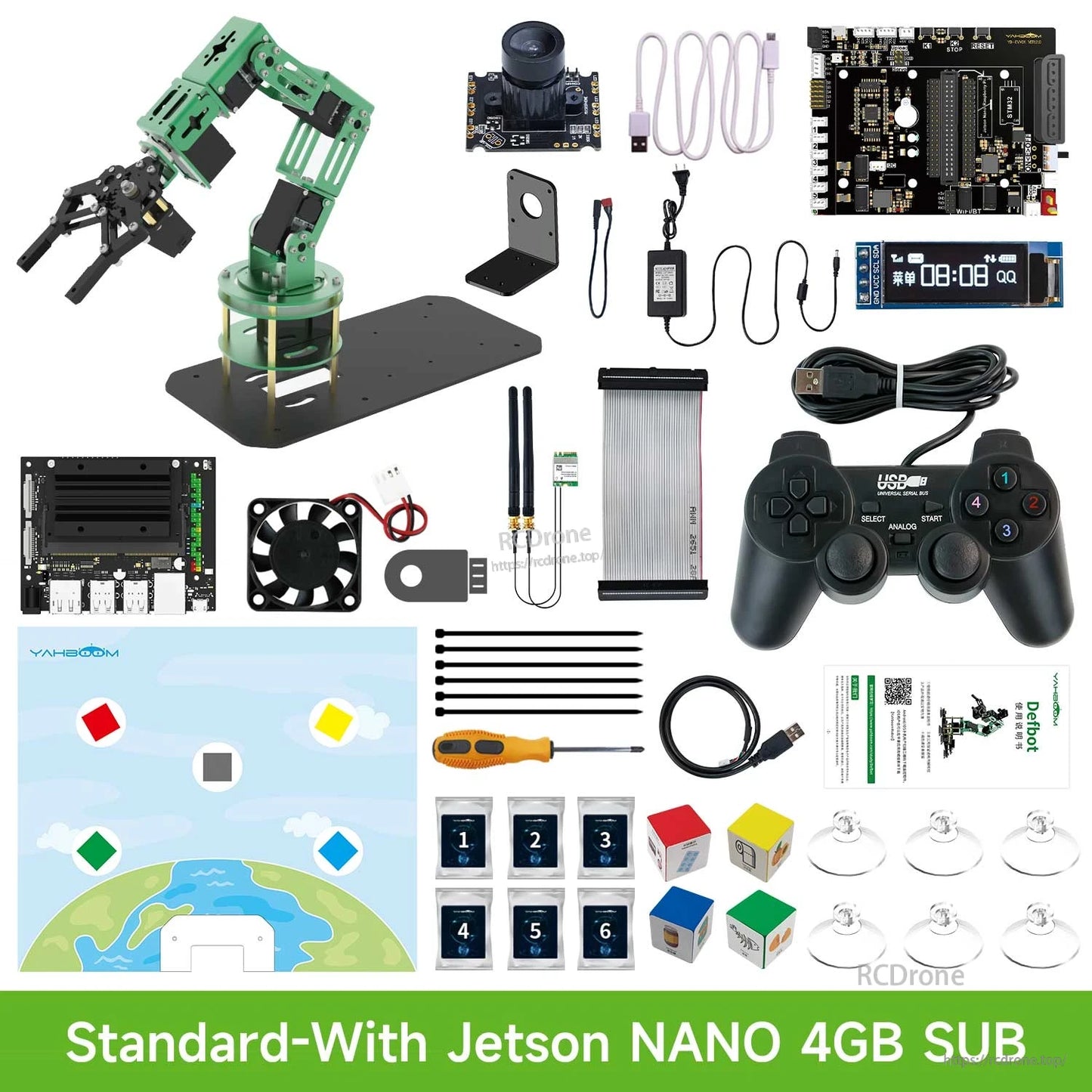 Standard package contents (with Jetson Nano 4GB SUB): robotic arm, Jetson board, cables, gamepad, tools, blocks