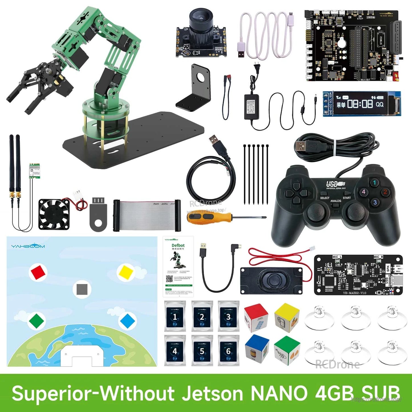 Package contents layout (without Jetson Nano 4GB SUB): robotic arm, camera, control boards, gamepad, tools, blocks
