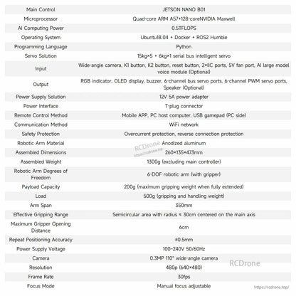 Specification table for Jetson Nano B01 DOFBOT kit: OS, Python, power, I/O ports, dimensions, camera, payload