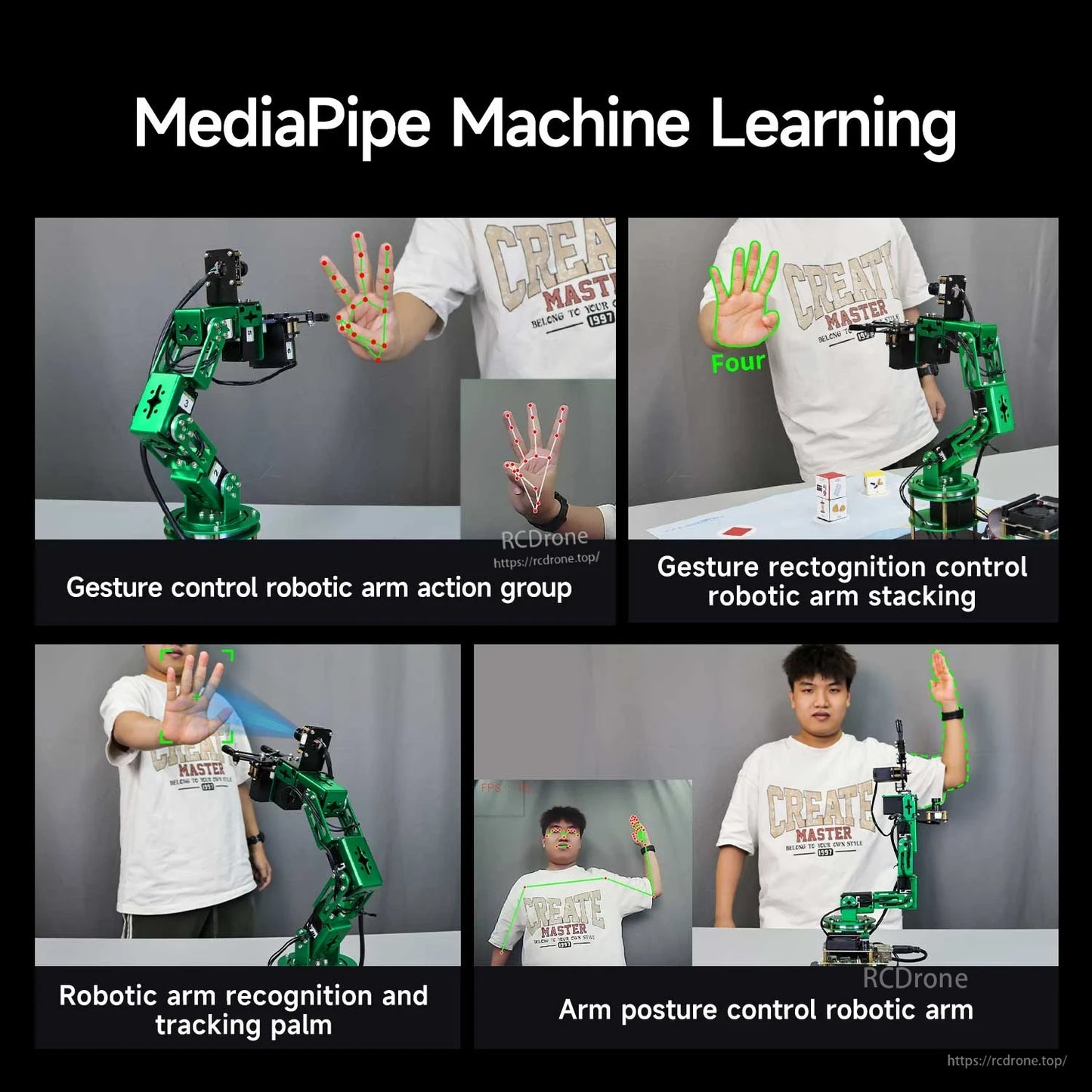 MediaPipe machine learning gesture demos: palm tracking, gesture recognition, arm posture control, and stacking tasks