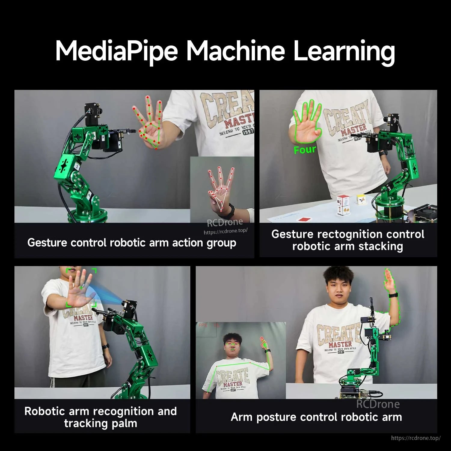 MediaPipe machine learning gesture demos: palm tracking, gesture recognition, arm posture control, and stacking tasks