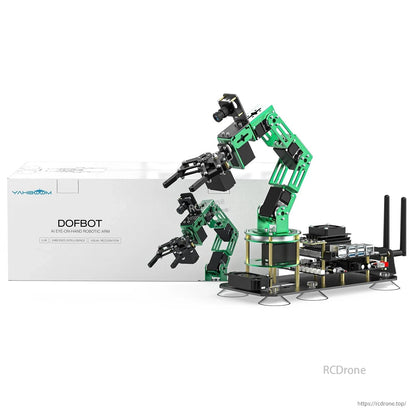 Yahboom DOFBOT 6-DOF robotic arm shown with retail box packaging and assembled unit on base