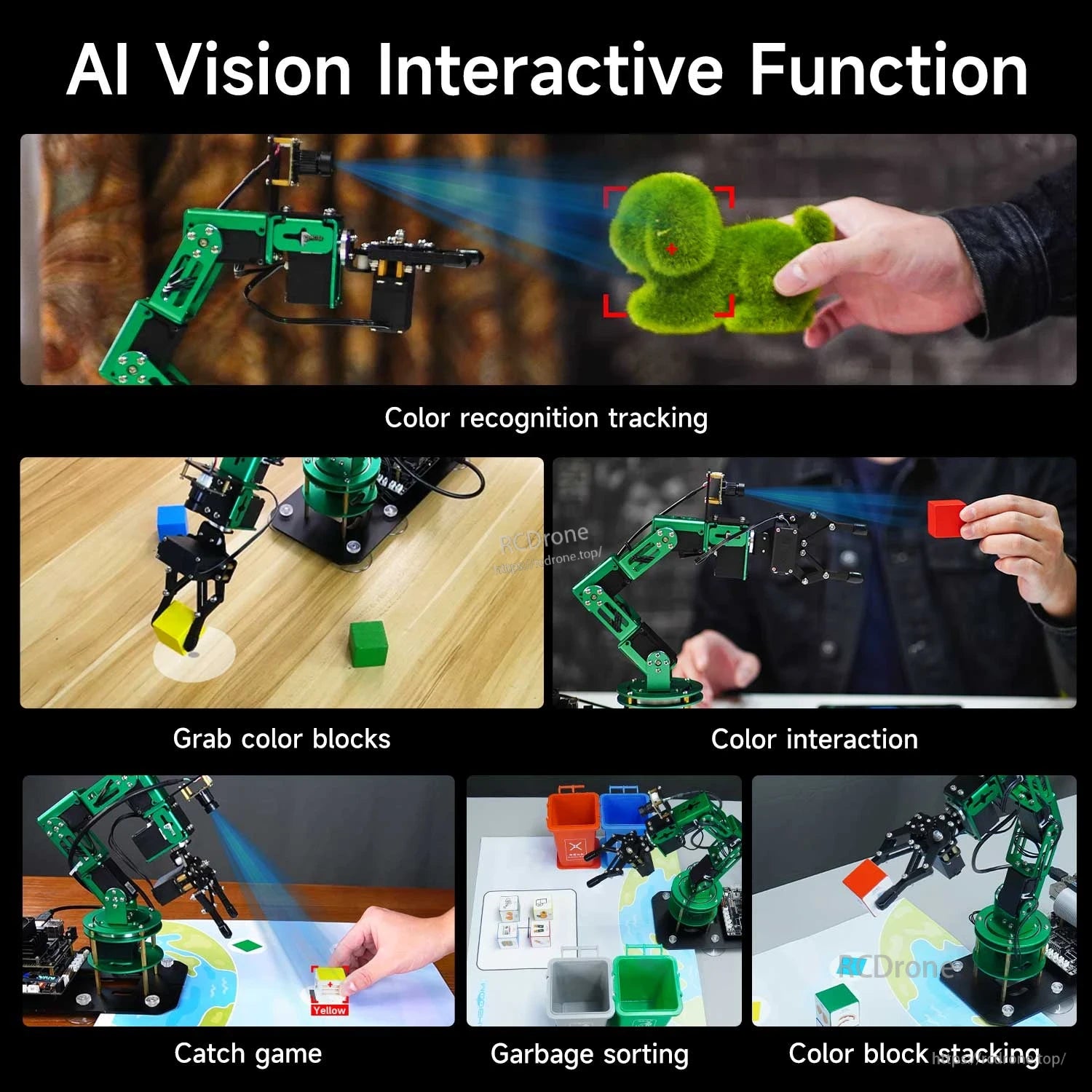 AI vision interactive functions collage: color recognition tracking, grabbing blocks, catch game, garbage sorting, stacking