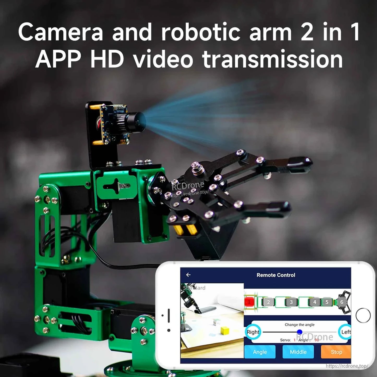 Camera and robotic arm 2-in-1 app HD video transmission graphic showing onboard camera view and mobile app interface