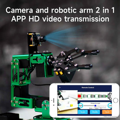 Camera and robotic arm 2-in-1 app HD video transmission graphic showing onboard camera view and mobile app interface