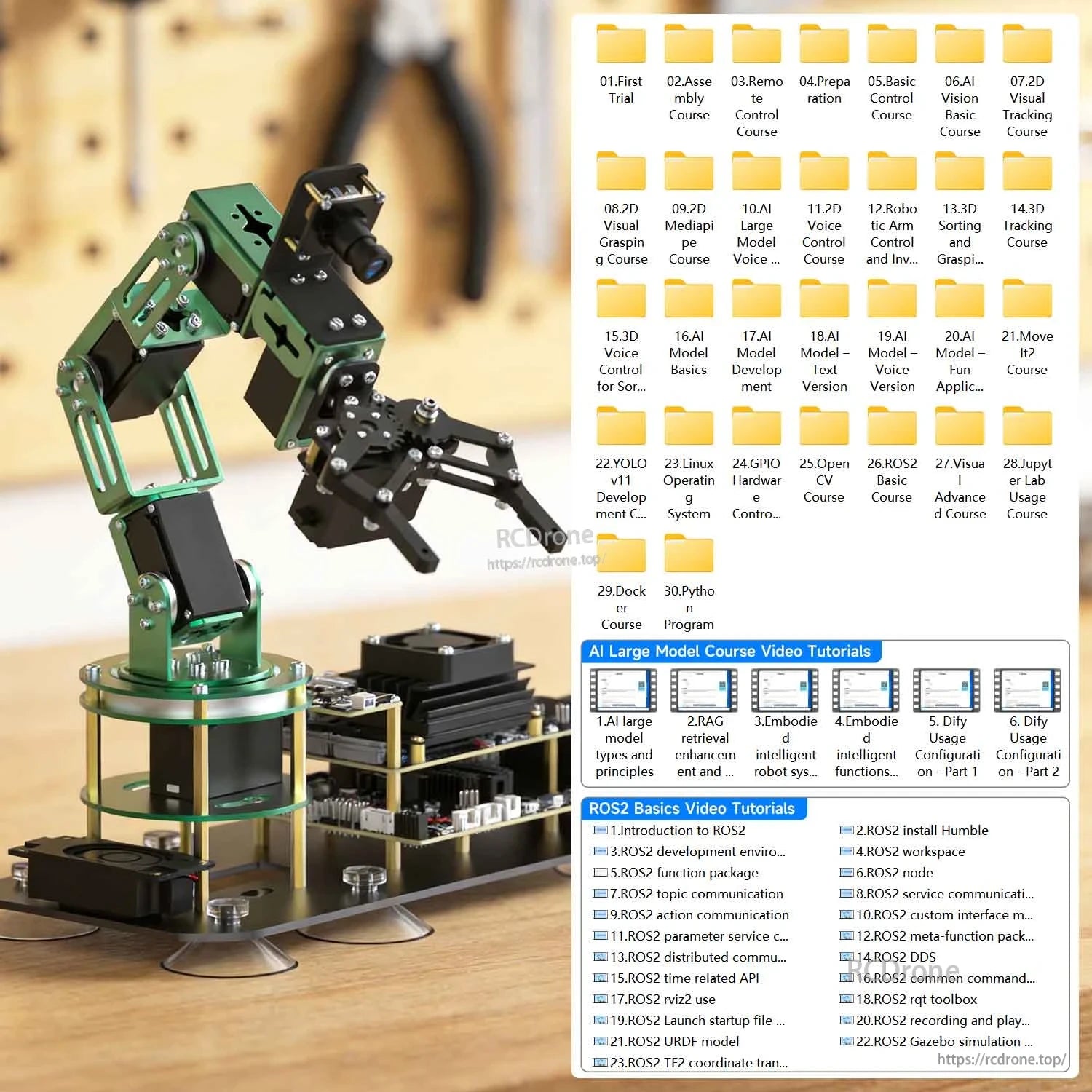 DOFBOT robotic arm with course files and tutorial list screenshot for AI large model and ROS2 basics video lessons