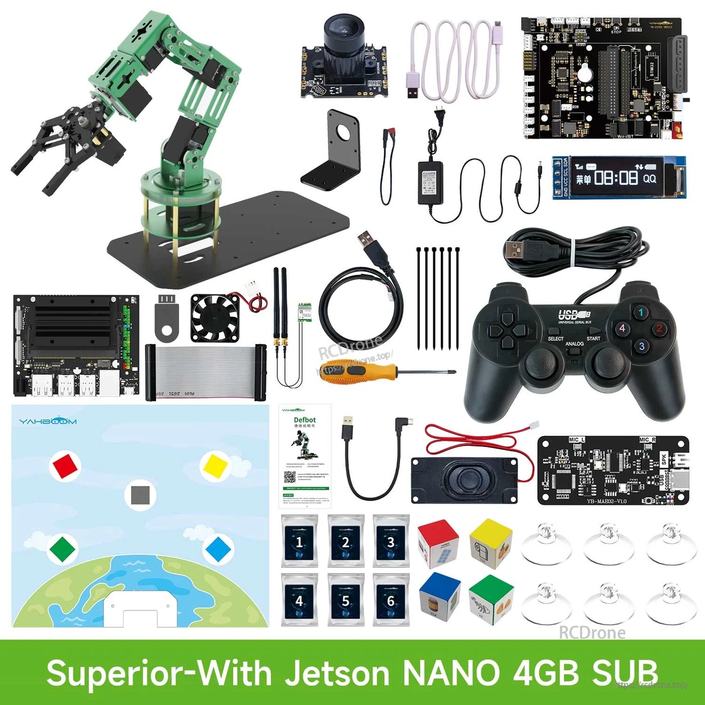 Package contents layout (with Jetson Nano 4GB SUB): robotic arm, Jetson module, camera, gamepad, tools, blocks