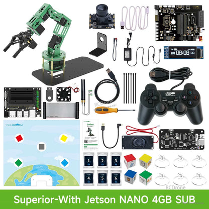 Package contents layout (with Jetson Nano 4GB SUB): robotic arm, Jetson module, camera, gamepad, tools, blocks