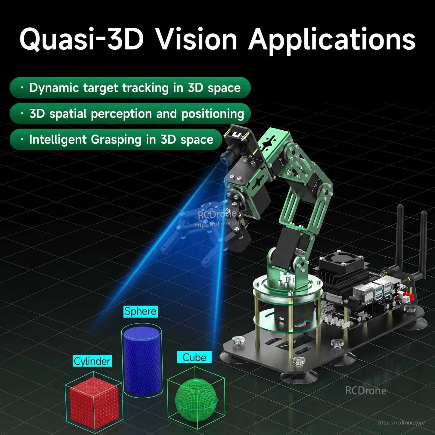 Quasi-3D vision applications graphic showing robotic arm tracking cube, cylinder, and sphere with depth projection