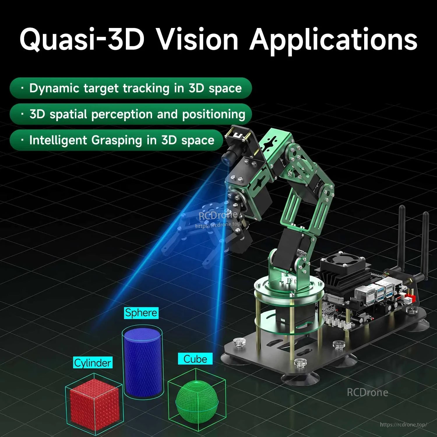 Quasi-3D vision applications graphic showing robotic arm tracking cube, cylinder, and sphere with depth projection