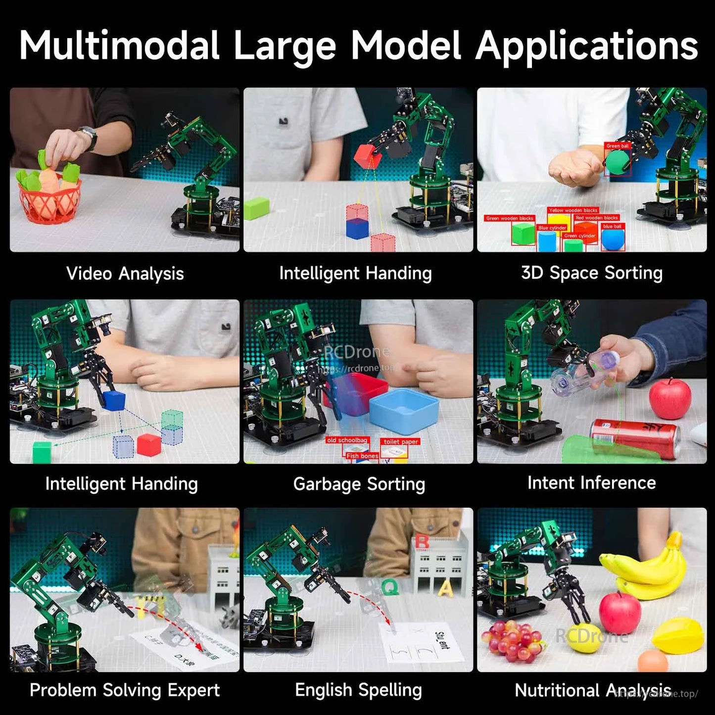 Multimodal large model applications collage: DOFBOT arm demos for sorting, handling, spelling, and object recognition