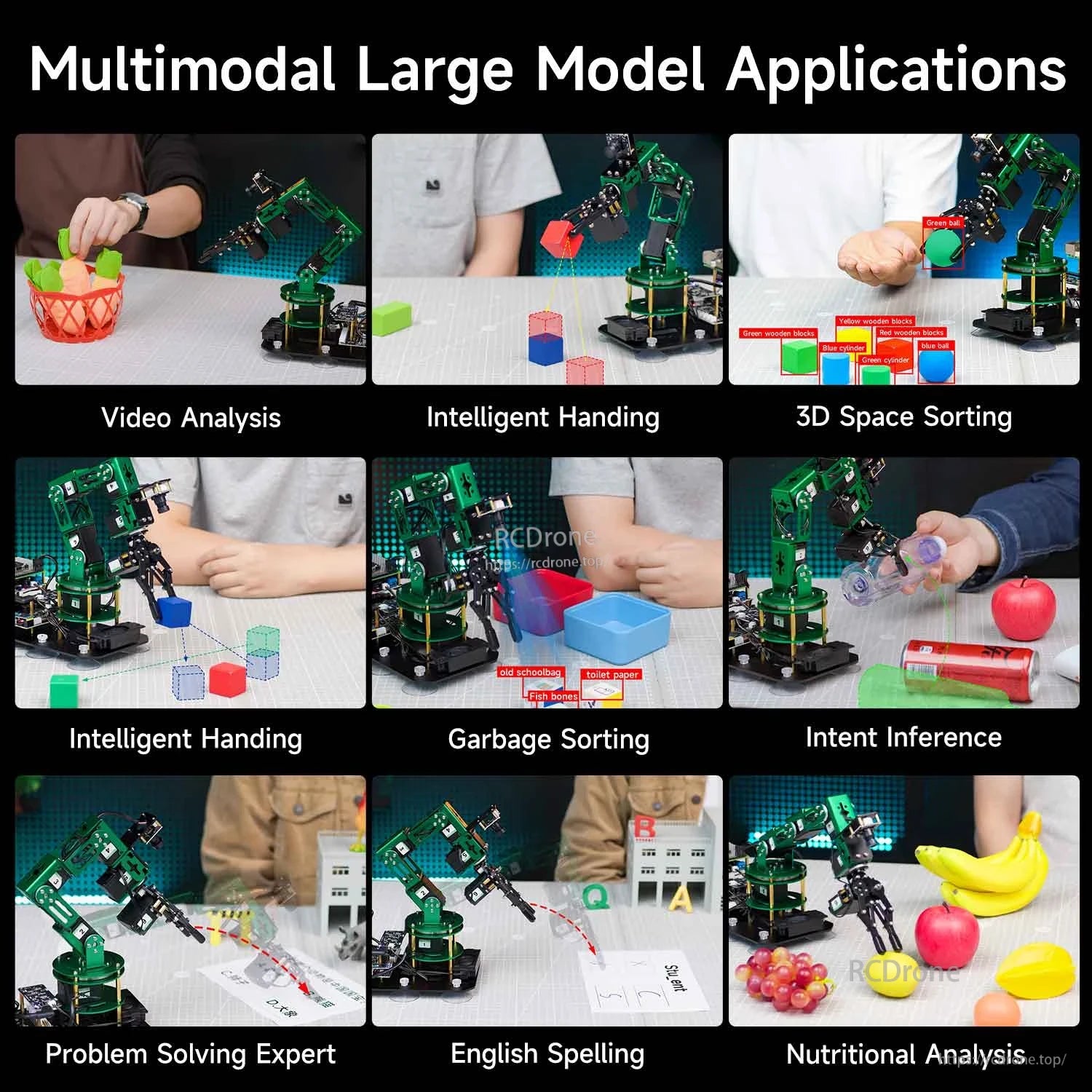 Multimodal large model applications collage: DOFBOT arm demos for sorting, handling, spelling, and object recognition