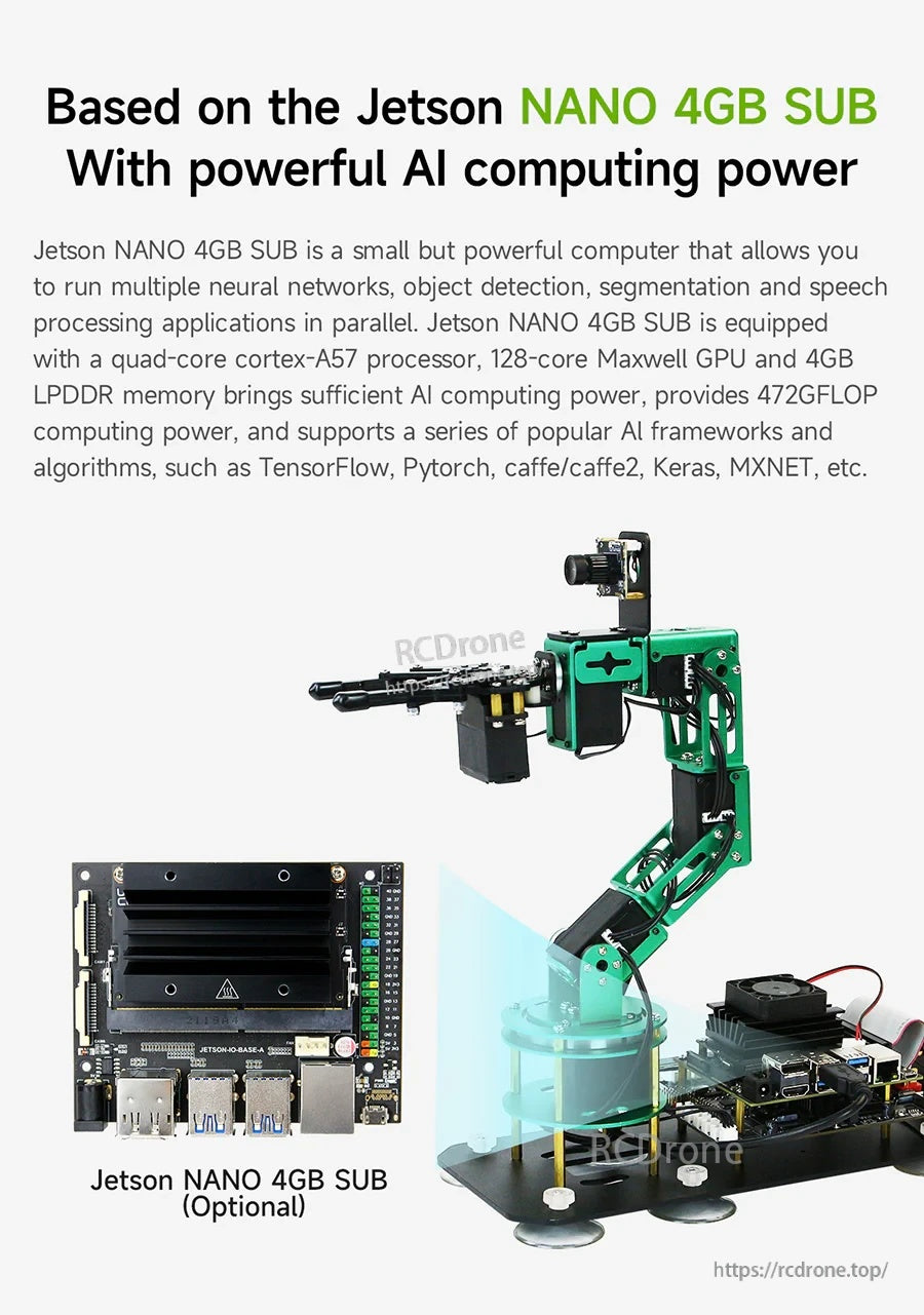 Jetson Nano 4GB SUB computing-power poster with DOFBOT arm and optional Jetson board