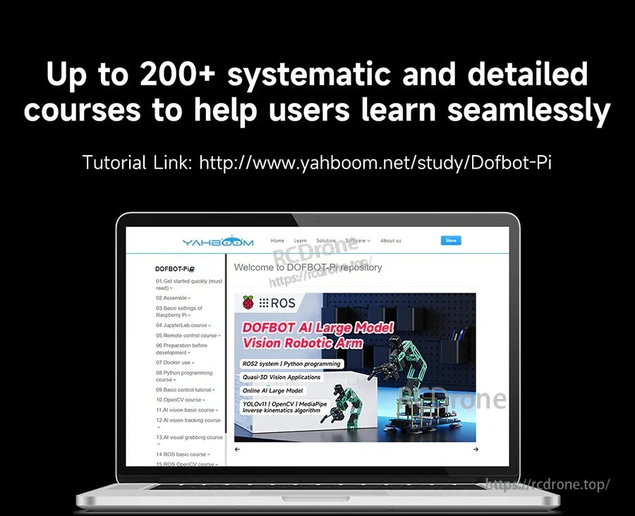 Laptop screen showing Yahboom DOFBOT-Pi tutorial site for DOFBOT AI large model vision robotic arm courses