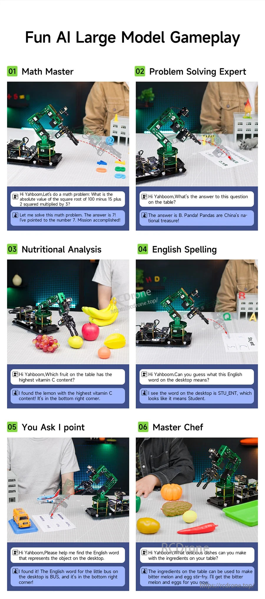 Fun AI large model gameplay grid: math, problem solving, nutrition analysis, spelling, Q&A and cooking interactions