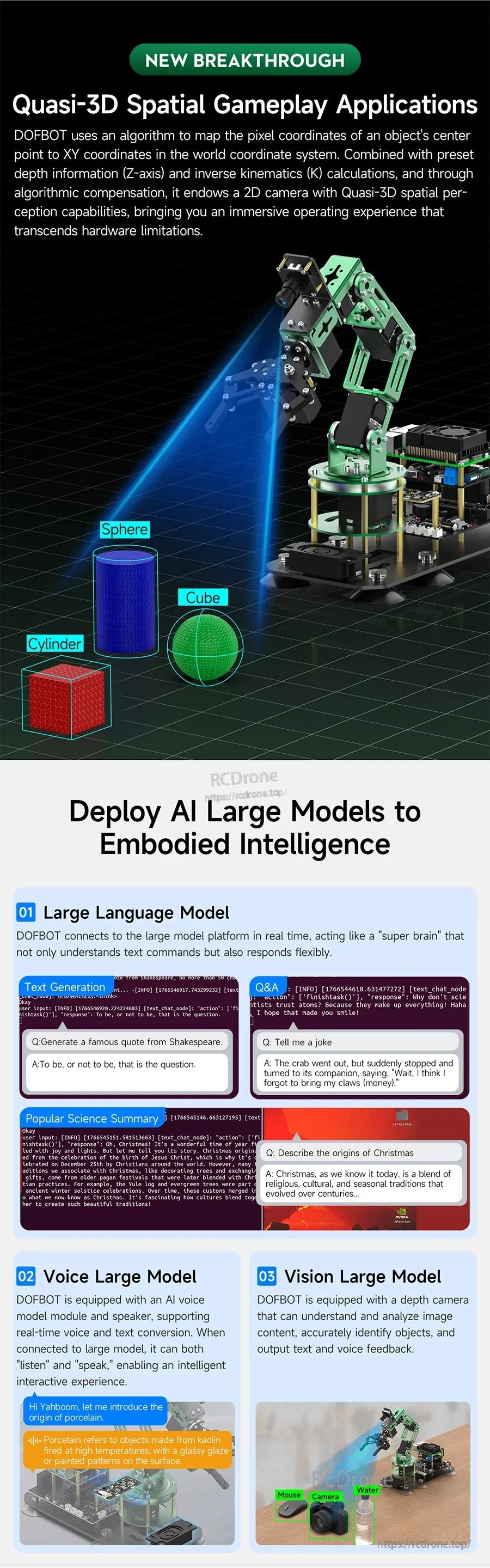 Quasi-3D spatial gameplay graphic for DOFBOT plus large model deployment flow for embodied intelligence
