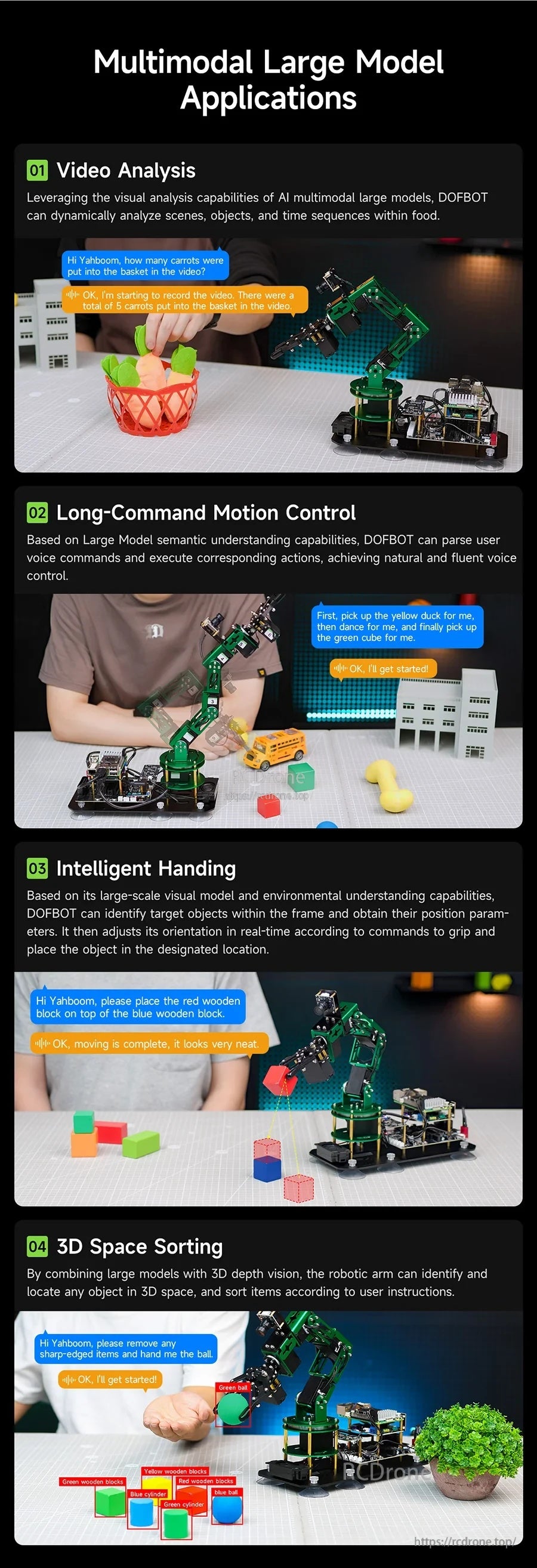 Multimodal large model application demos: video analysis, long-command motion control, intelligent handling and sorting