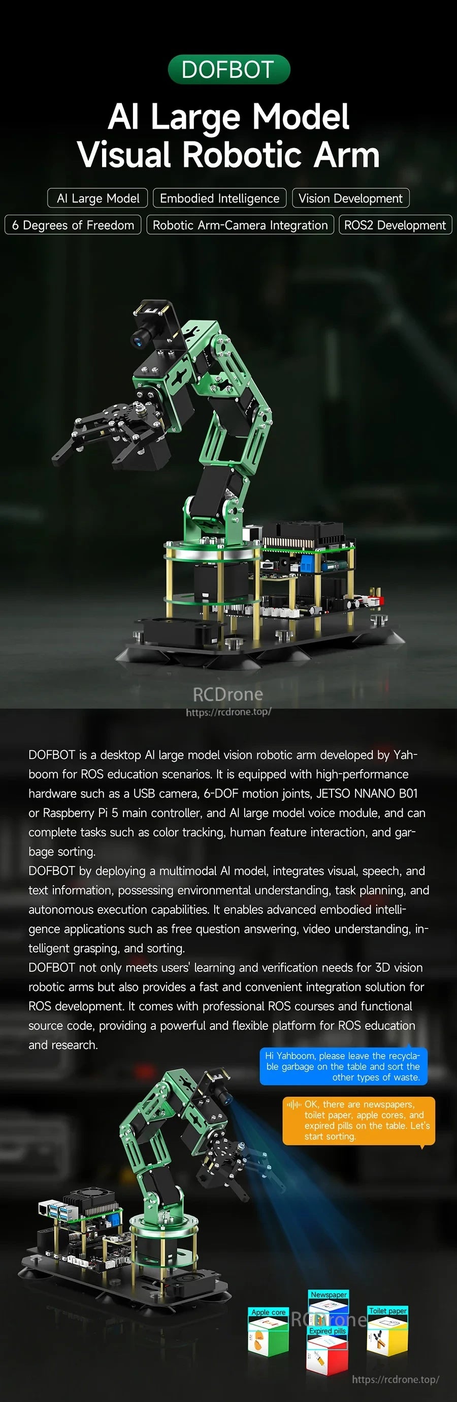 Yahboom DOFBOT AI large model visual robotic arm with USB camera on desktop base for Raspberry Pi 5
