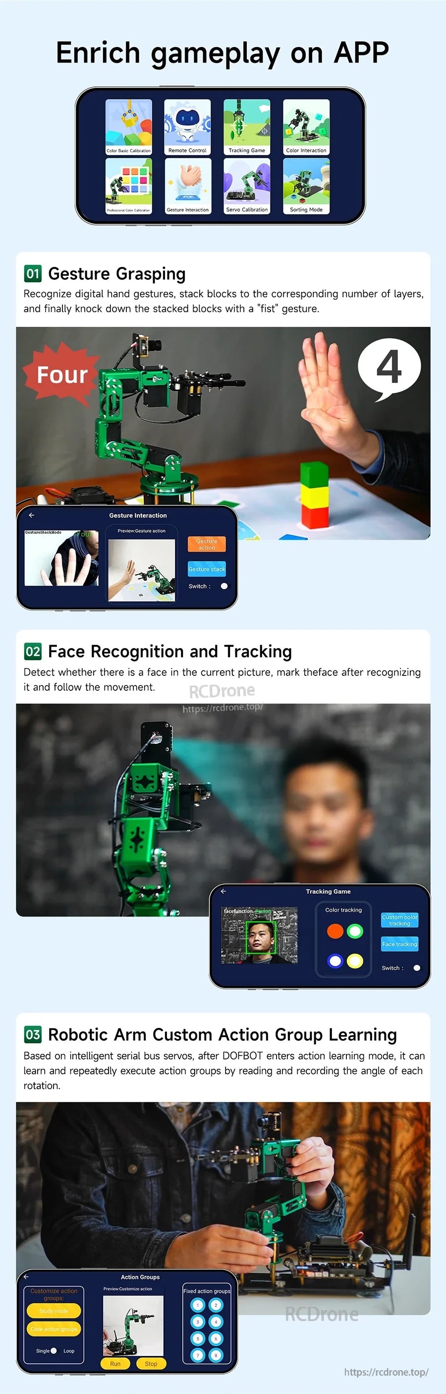 Mobile app gameplay features: gesture grasping, face recognition tracking (face blurred), and custom action group learning