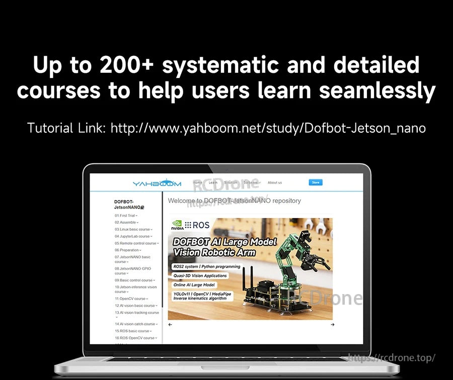 Yahboom DOFBOT Jetson Nano tutorial page on a laptop, promoting 200+ courses for the 6-DOF robotic arm