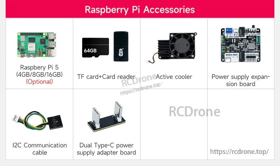 Raspberry Pi 5 accessories kit with 64GB TF card and reader, active cooler, power expansion board, I2C cable and dual USB-C adapter