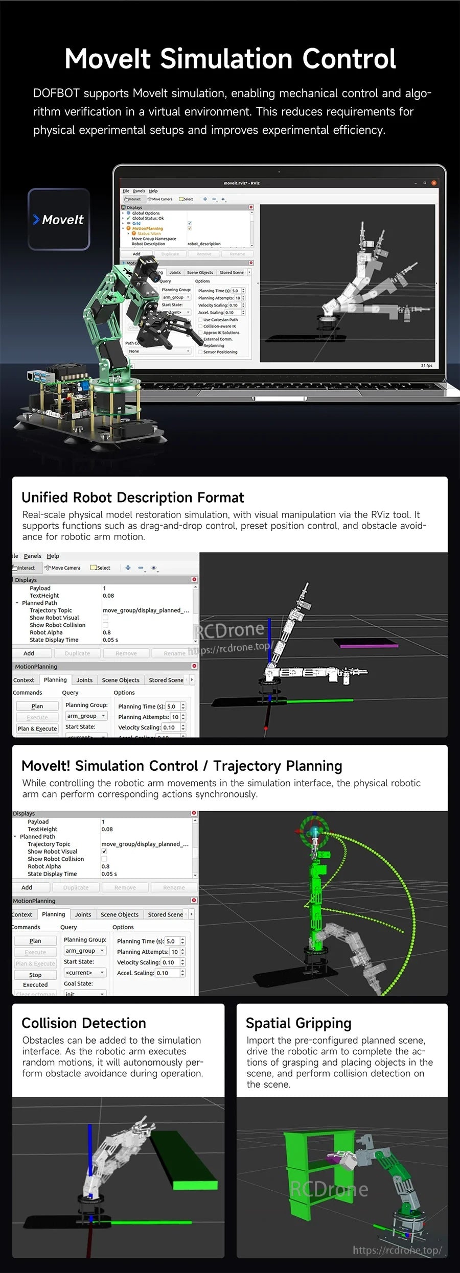 MoveIt simulation control page showing RViz visualization, URDF, trajectory planning, and collision detection