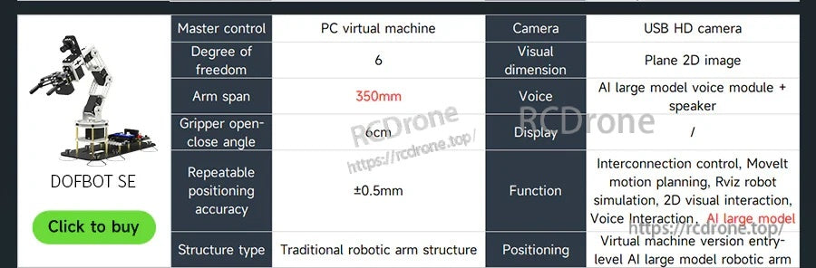 DOFBOT SE spec table listing 6-DOF, 350mm arm span, ±0.5mm repeat accuracy, USB HD camera and AI voice options
