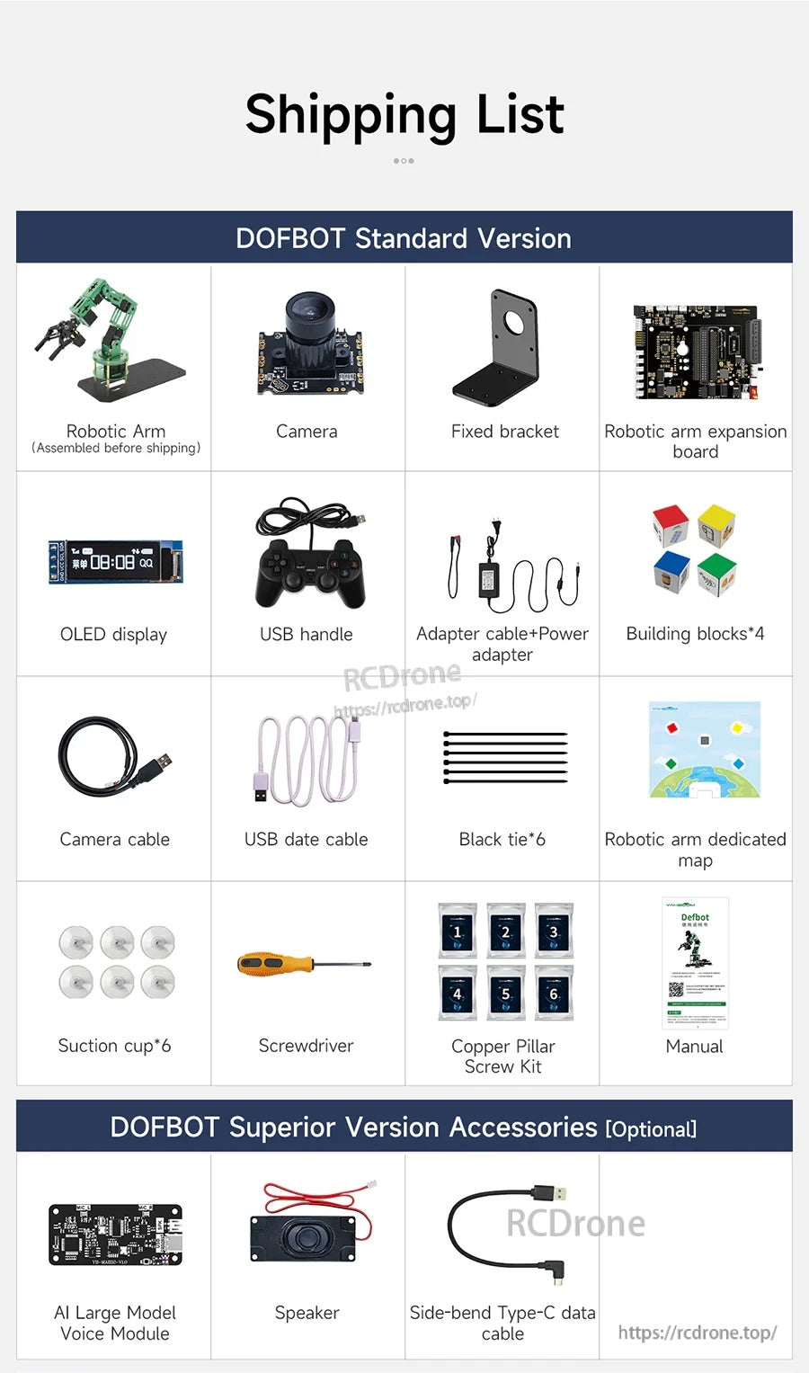 Shipping list for Yahboom DOFBOT robotic arm kit with camera, OLED display, USB handle, cables, tools and manual