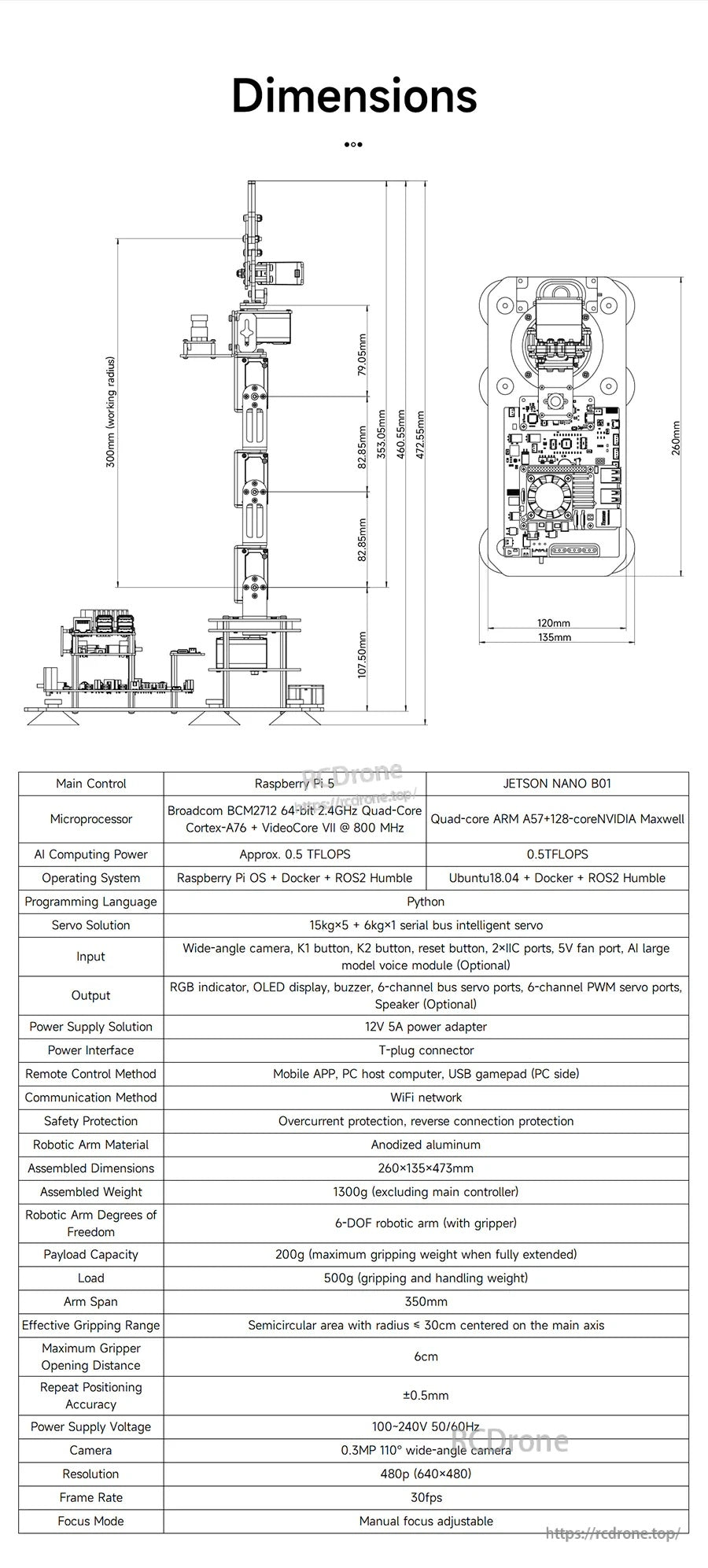 Dimension drawing and spec table for Yahboom DOFBOT 6-DOF vision robotic arm, with side and top views
