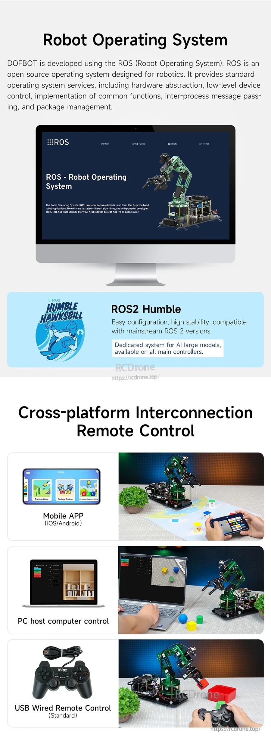 ROS robot operating system and ROS2 Humble page with cross-platform remote control options