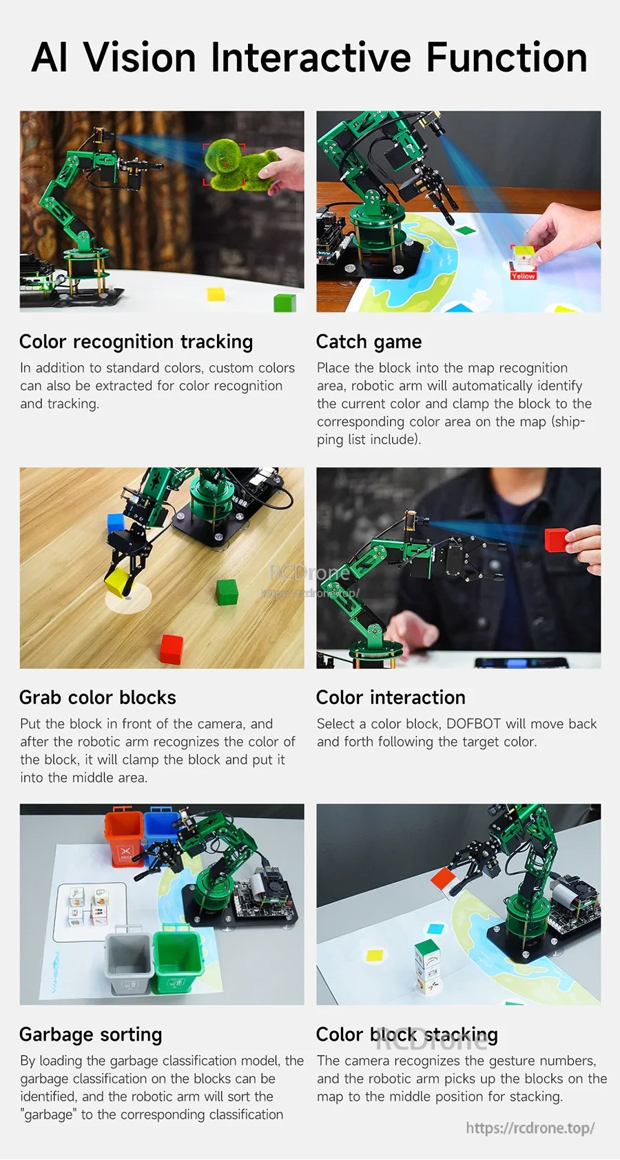 AI vision interactive functions—color tracking, catch game, grab blocks, gesture color interaction, sorting