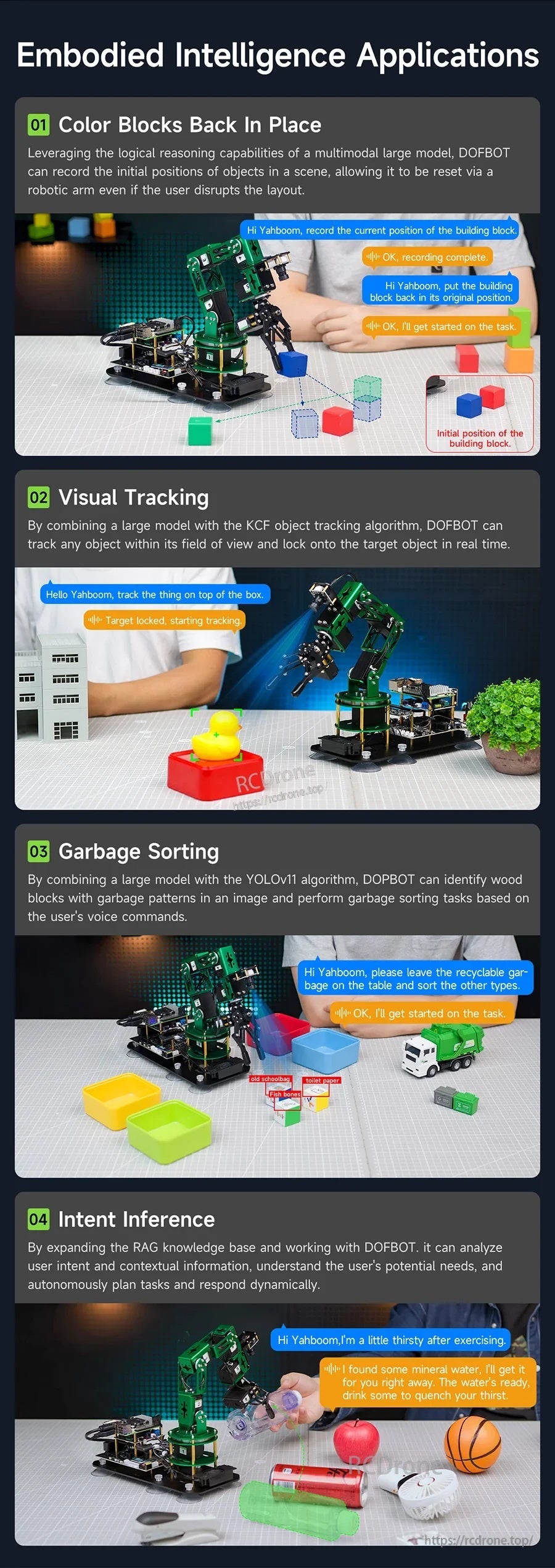 Embodied intelligence demos: color blocks placement, visual tracking, garbage sorting and intent inference with DOFBOT