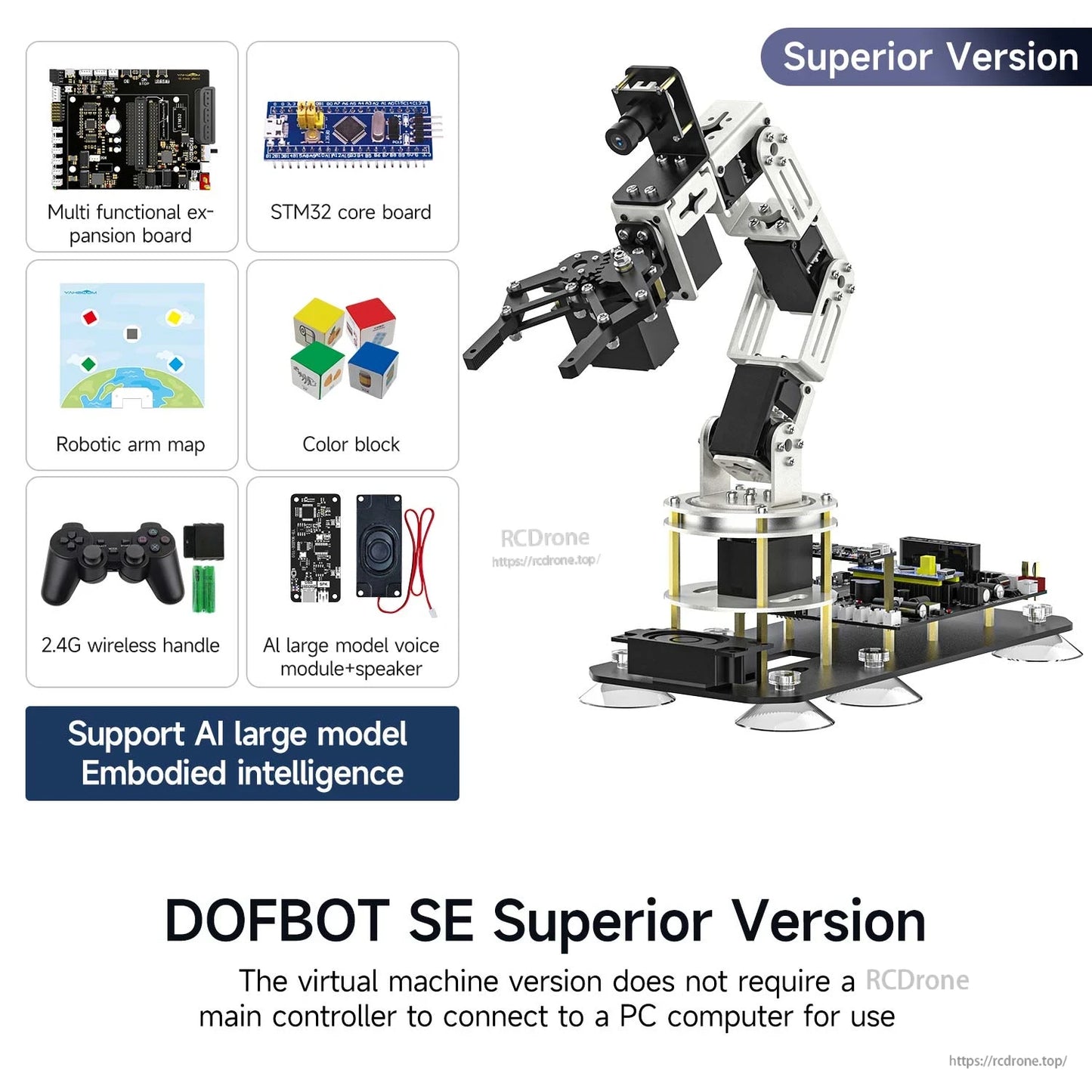 DOFBOT SE Superior Version comparison graphic showing added AI voice module and speaker plus included accessories
