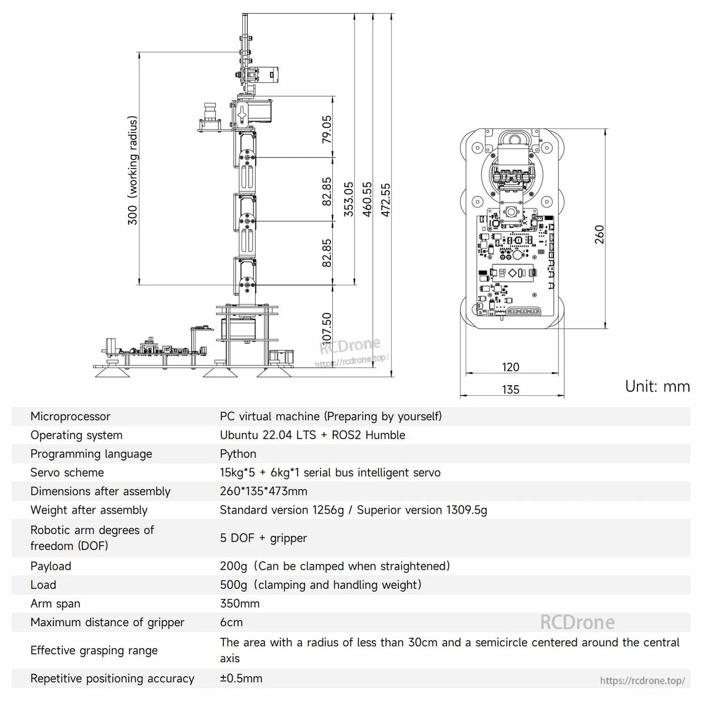 DOFBOT SE dimension drawing and specification table with working radius and component layout (mm units)