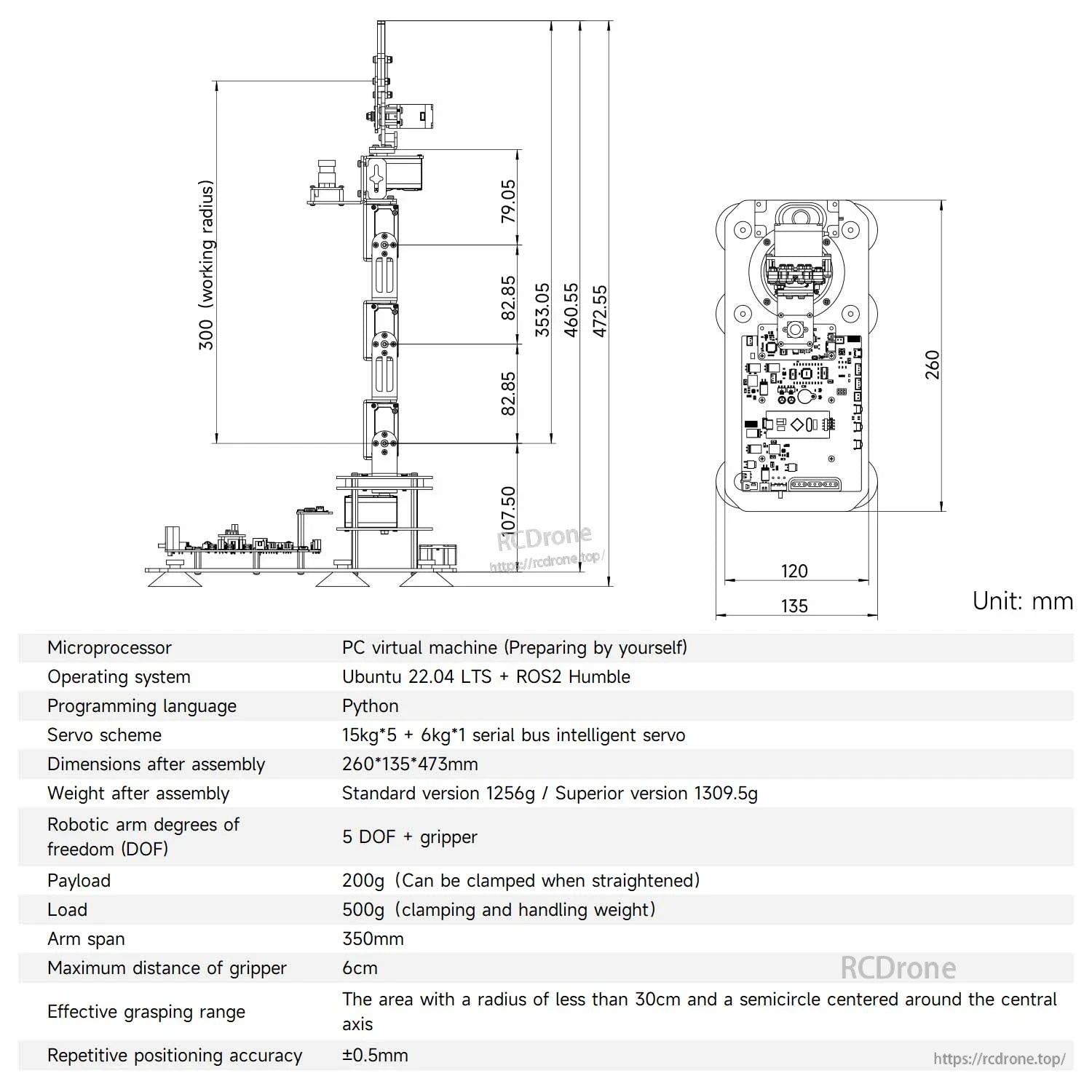 DOFBOT SE dimension drawing and specification table with working radius and component layout (mm units)