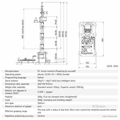 DOFBOT SE dimension drawing and specification table with working radius and component layout (mm units)
