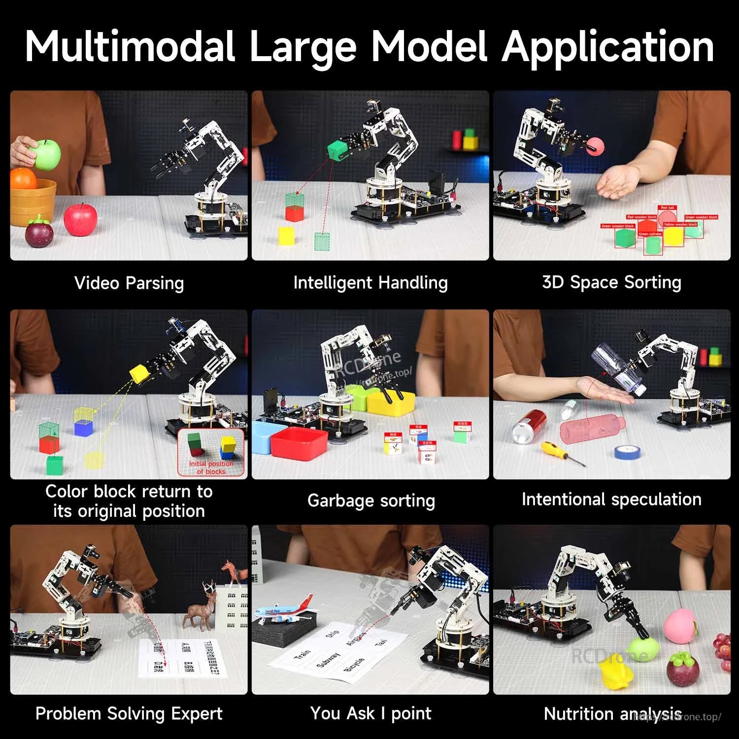 Multimodal large model application examples: sorting blocks, handling objects, Q&A pointing, nutrition analysis