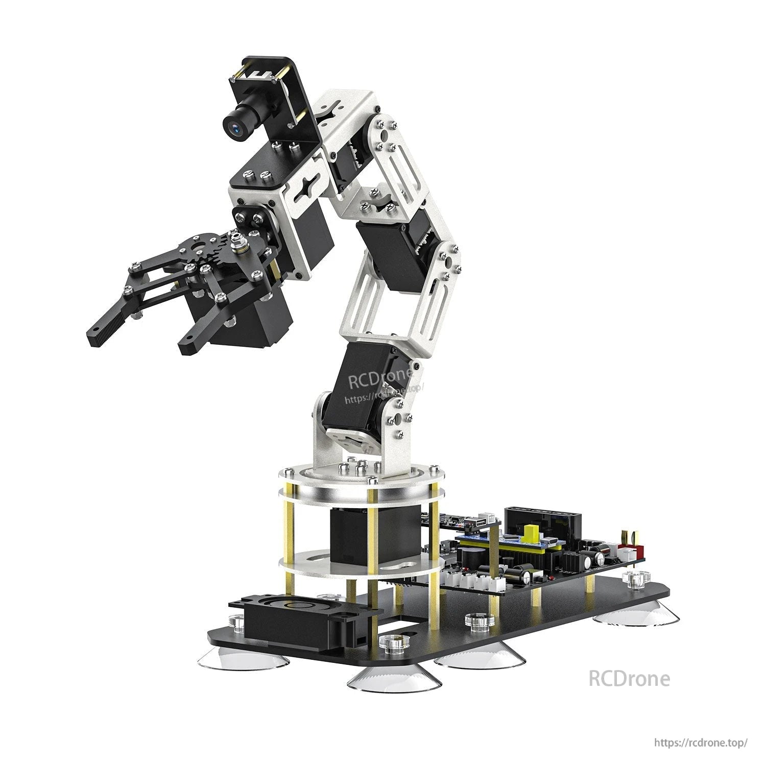 Yahboom DOFBOT SE 6DOF robotic arm with camera and gripper, side angle on base with electronics