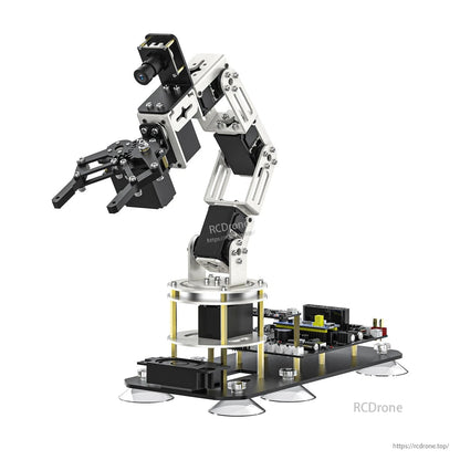 Yahboom DOFBOT SE 6DOF robotic arm with camera and gripper, side angle on base with electronics